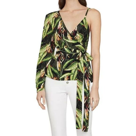 BCBGMAXAZRIA Women's Sz S Black Bird of Paradise One Sleeve Printed Top - Picture 5 of 6